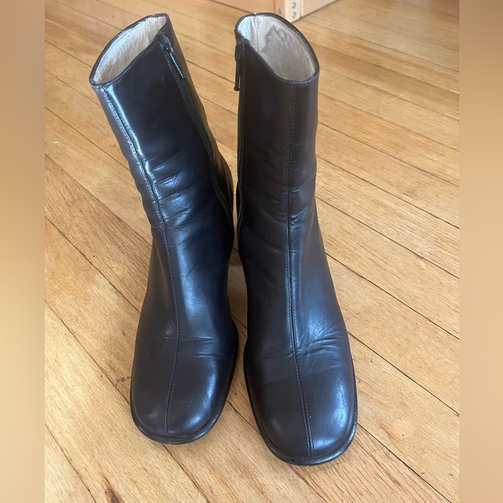 J. Crew leather square toe heeled boots.